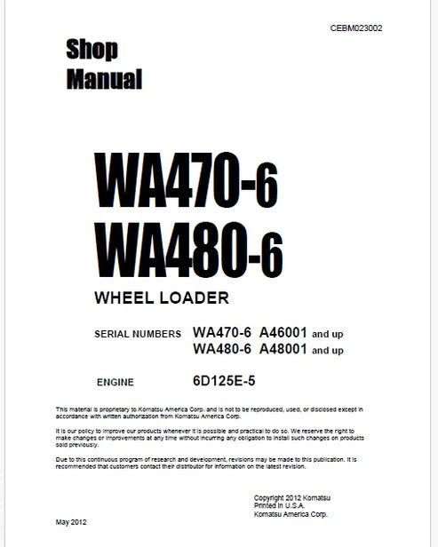 Komatsu WA480-6 Wheel Loader Pdf Repair and Service Manual Sn A48001 and UP