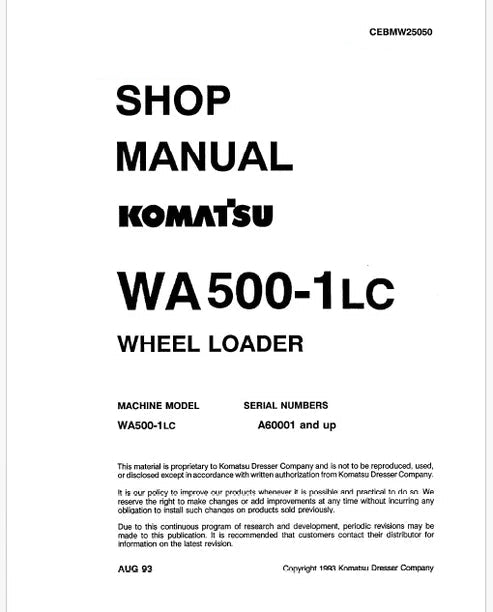 Komatsu WA500-1 LC Wheel Loader Pdf Repair and Service Manual Sn A60001 and UP