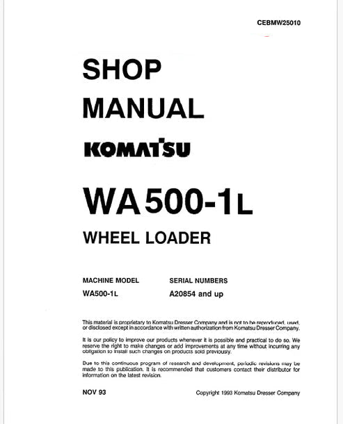 Komatsu WA500-1L Wheel Loader Pdf Repair and Service Manual Sn A20854 and UP