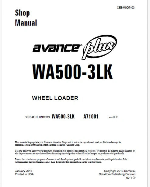 Komatsu WA500-3 LK Avance Plus Wheel Loader Pdf Repair and Service Manual Sn A71001 and UP