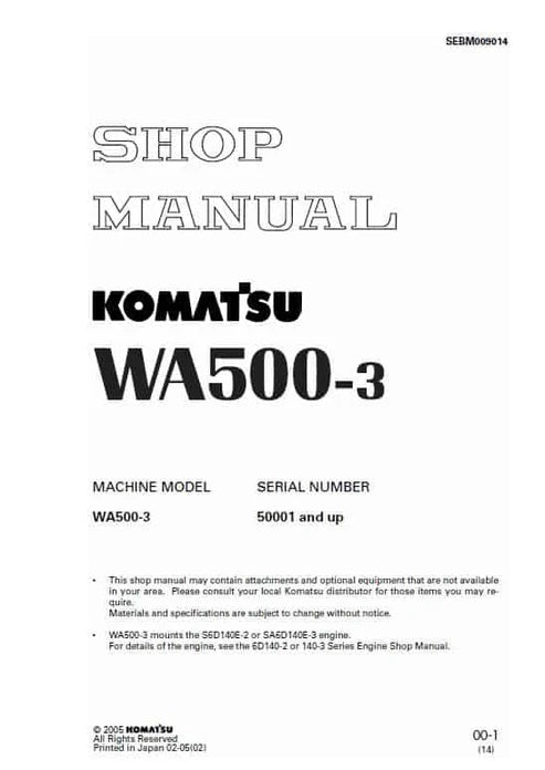 Komatsu WA500-3 Wheel Loader Pdf Repair and Service Manual Sn 50001 and UP