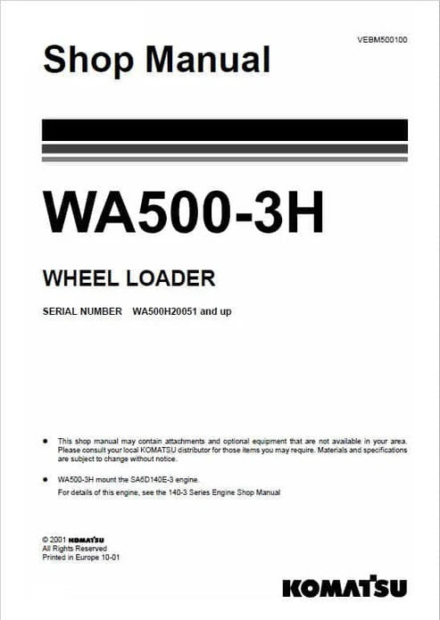 Komatsu WA500-3H Wheel Loader Pdf Repair and Service Manual Sn WA500H20051 and UP