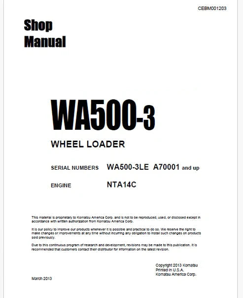 Komatsu WA500-3LE Wheel Loader Pdf Repair and Service Manual Sn A70001 and UP