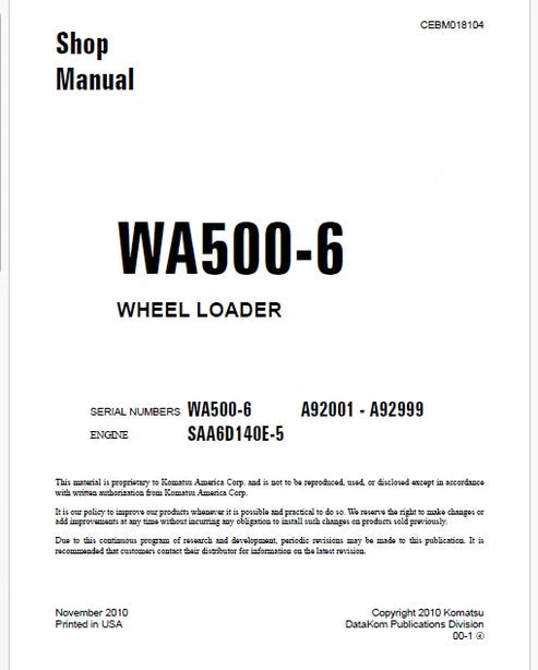 Komatsu WA500-6 Wheel Loader Pdf Repair and Service Manual Sn A92001 - A92999