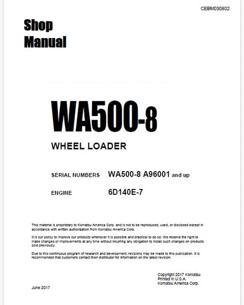 Komatsu WA500-8 Wheel Loader Pdf Repair and Service Manual Sn A96001 and UP