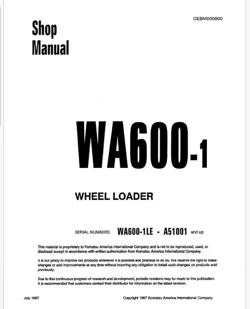 Komatsu WA600-1 LE Wheel Loader Pdf Repair and Service Manual Sn A51001 and UP
