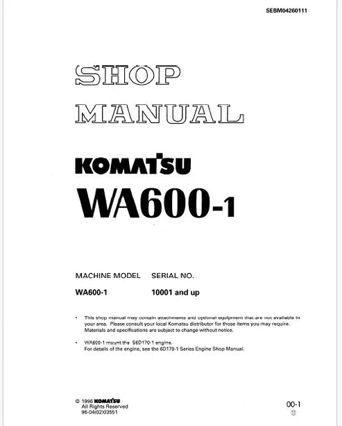 Komatsu WA600-1 Wheel Loader Pdf Repair and Service Manual Sn 10001 and UP