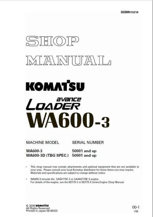 Komatsu WA600-3 Avance Wheel Loader Pdf Repair and Service Manual Sn 50001 and UP
