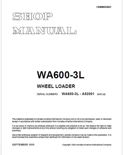Komatsu WA600-3 L Wheel Loader Pdf Repair and Service Manual Sn A52001 and UP