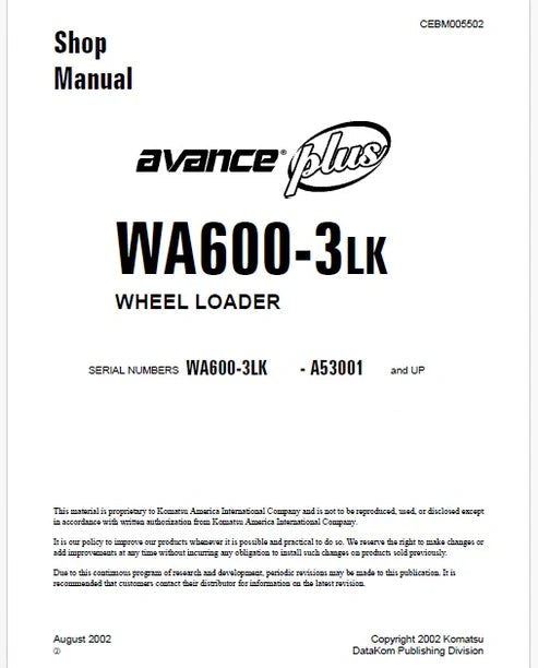 Komatsu WA600-3 LK Wheel Loader Pdf Repair and Service Manual Sn A53001 and UP