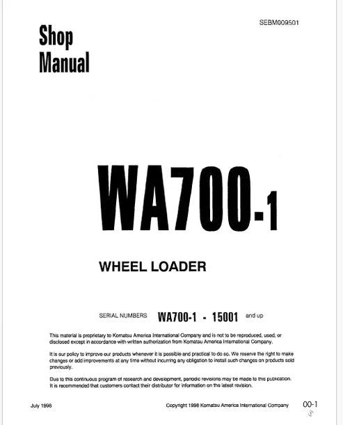 Komatsu WA700-3 Wheel Loader Pdf Repair and Service Manual Sn 15001 and UP