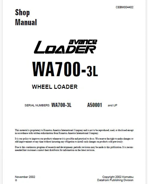 Komatsu WA700-3L Avance Wheel Loader Pdf Repair and Service Manual Sn A50001 and UP