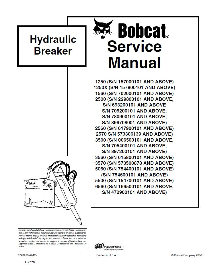 Bobcat 1250, 1250X, 1560, 2500, 2560, 2570, 3500, 3560, 3570, 5060, 5500, 6560 Service Manual