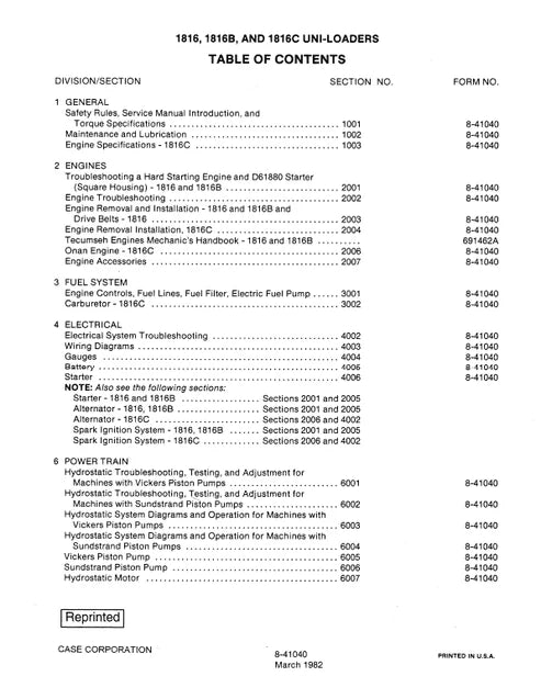 Case 1816, 1816B, 1816C Uni Loader Skid Steer Loader Pdf Repair and Service Manual