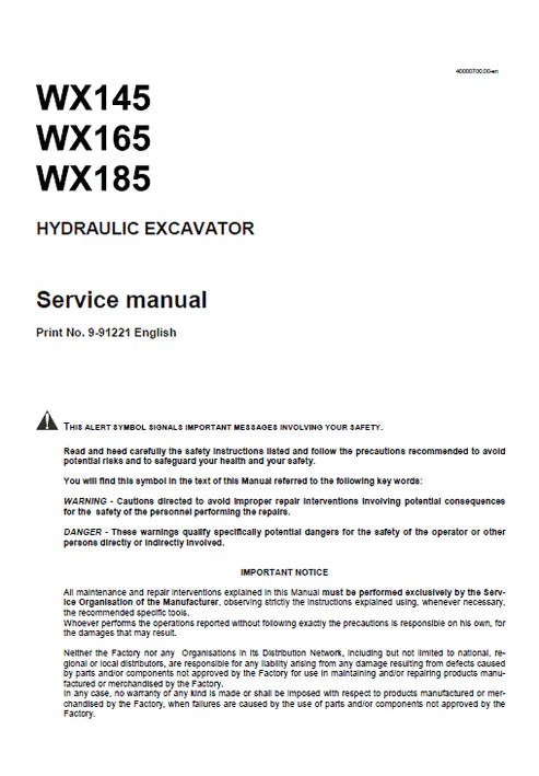 Case Wx145, Wx165, Wx185 Hydraulic Excavator Pdf Repair and Service Manual (Pb. No. 9-91221)