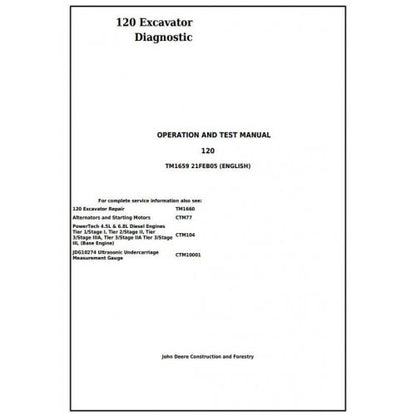 John Deere 120 Excavator Pdf Diagnostic, Operation and Tests Service Manual TM1659