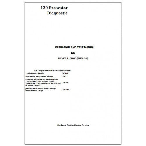 John Deere 120 Excavator Pdf Diagnostic, Operation and Tests Service Manual TM1659