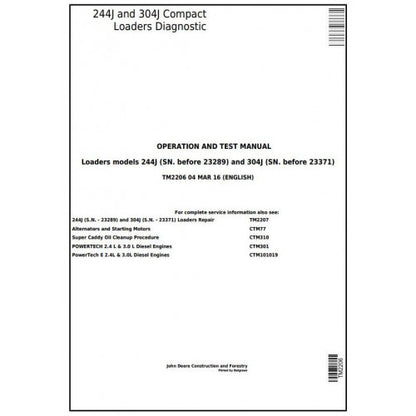 John Deere 244J, 304J Compact Loader Pdf Diagnostic, Operation and Tests Service Manual TM2206