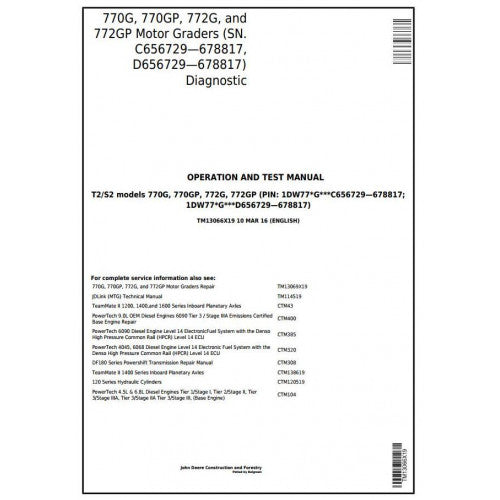 John Deere 770G, 770GP, 772G, 772GP Motor Grader Pdf Diagnostic, Operation and Tests Service Manual TM13066X19