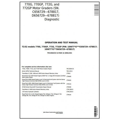 John Deere 770G, 770GP, 772G, 772GP Motor Grader Pdf Diagnostic, Operation and Tests Service Manual TM13066X19
