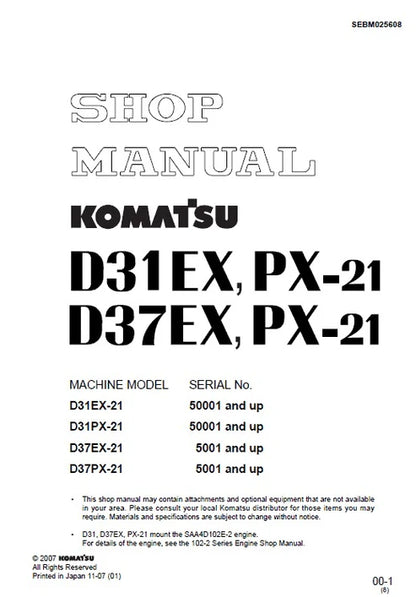 Komatsu D37EX-21, D37PX-21 Bulldozer Pdf Repair and Service Manual