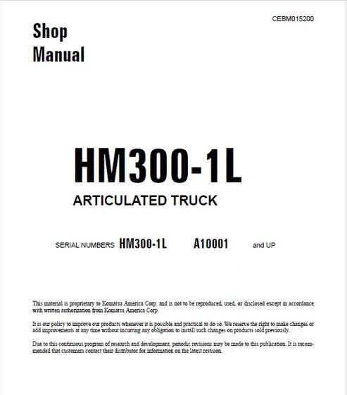 Komatsu HM300-1L Articulated Dump Truck Pdf Repair and Service Manual