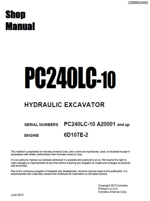 Komatsu PC240LC-11 Hydraulic Excavator Pdf Repair and Service Manual Sn A22001 and UP
