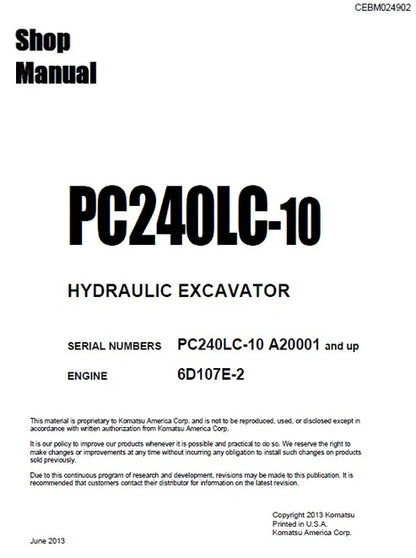 Komatsu PC240LC-11 Hydraulic Excavator Pdf Repair and Service Manual Sn A22001 and UP

