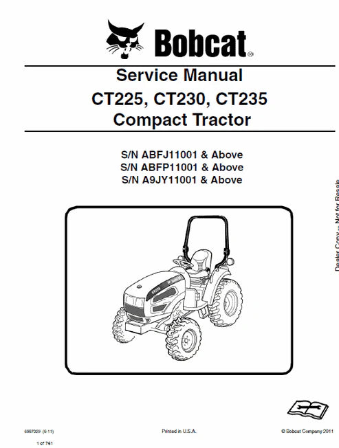 Bobcat CT225, CT230, CT235 Compact Tractor Pdf Repair and Service Manual