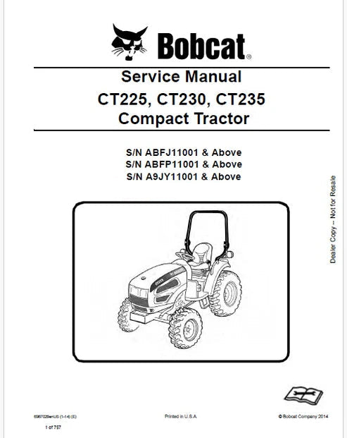 Bobcat CT225, CT230, CT235 Compact Tractor Pdf Repair and Service Manual