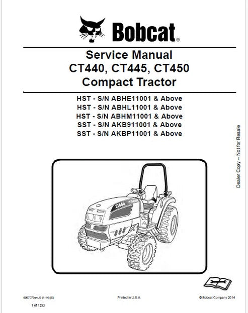 Bobcat CT440 HST, CT445 HST, CT450 HST Compact Tractor Pdf Repair and Service Manual