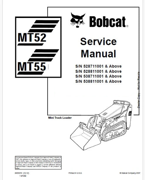 Bobcat MT52, MT55 Mini Track Loader Pdf Repair and Service Manual