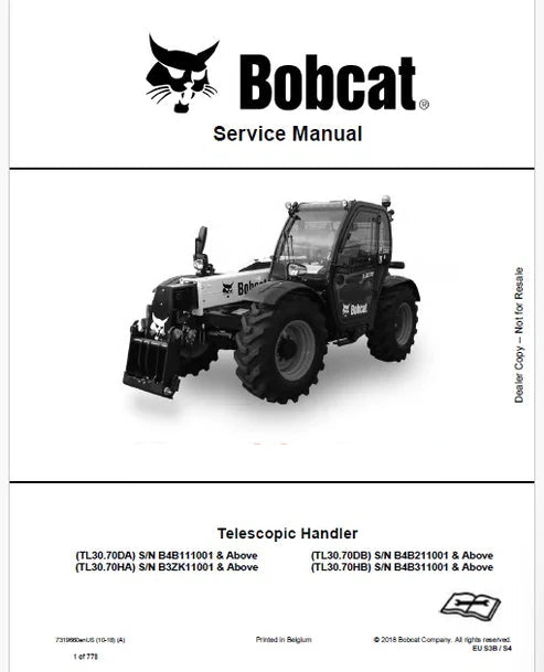 Bobcat TL30.70DA Telescopic Handler Pdf Repair and Service Manual (Pb no. 7319660enUS)