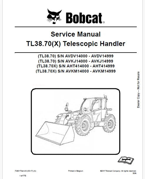 Bobcat TL38.70, TL38.70X Telescopic Handler Pdf Repair and Service Manual (Pb no. 7283170enUS)