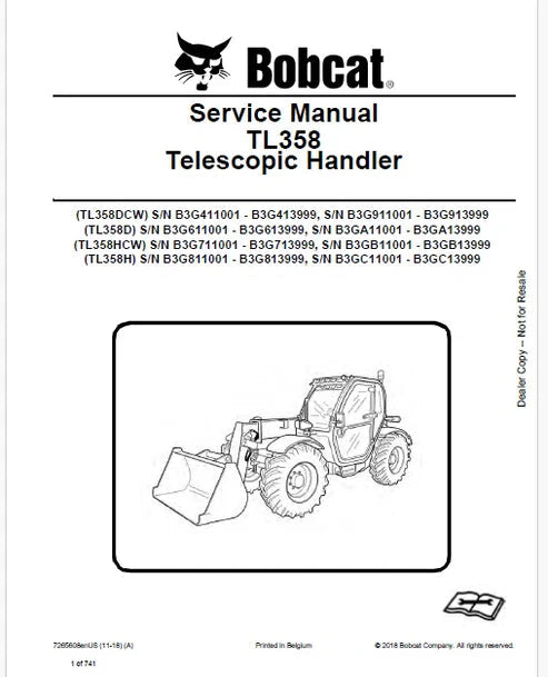 Bobcat TL358DCW, TL358D, TL358HCW, TL358H Telescopic Handler Pdf Repair and Service Manual