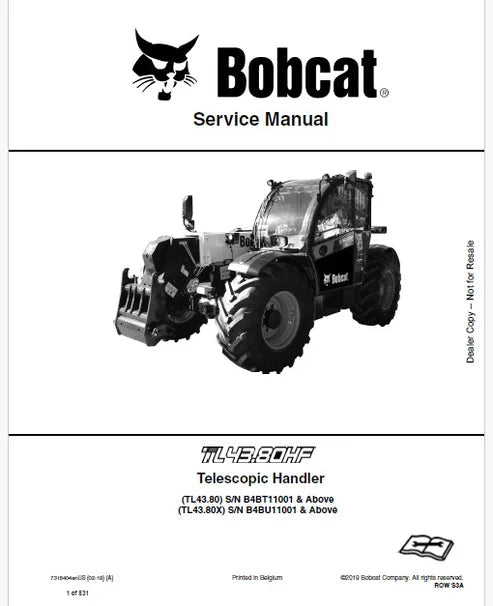 Bobcat TL43.80HF, TL43.80, TL43.80X Telescopic Handler Pdf Repair and Service Manual