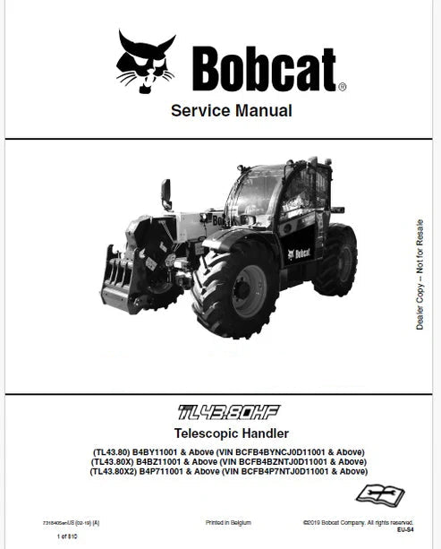 Bobcat TL43.80HF, TL43.80, TL43.80X, TL43.80X2 Telescopic Handler Pdf Repair and Service Manual