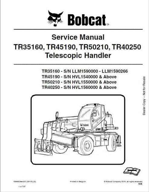 Bobcat TR35160, TR45190, TR50210, TR40250 Telescopic Handler Pdf Repair and Service Manual