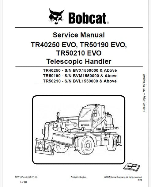 Bobcat TR40250 EVO, TR50190 EVO, TR50210 EVO Telescopic Handler Pdf Repair and Service Manual (Pb no. 7277187enUS)