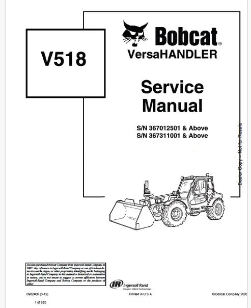 Bobcat V518 Telescopic VersaHANDLER Pdf Repair and Service Manual (Pb no. 6202406)