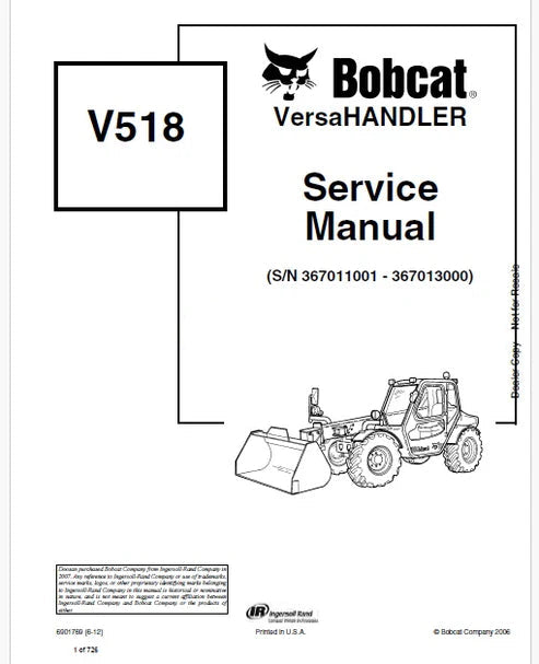 Bobcat V518 Telescopic VersaHANDLER Pdf Repair and Service Manual (Pb no. 6901769)