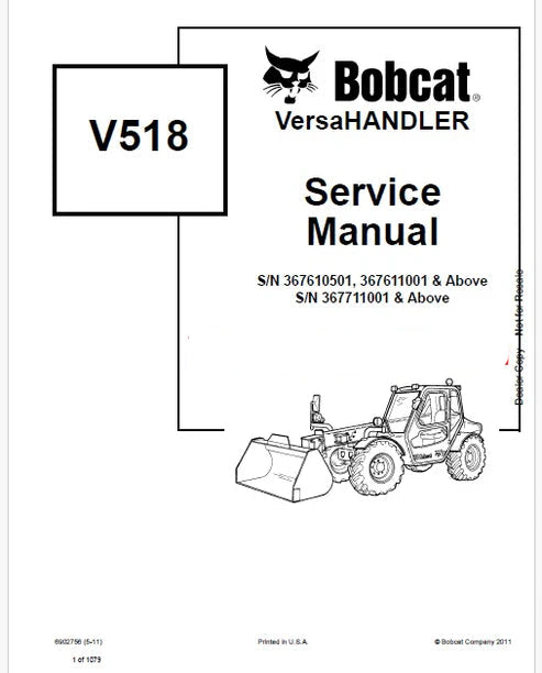 Bobcat V518 Telescopic VersaHANDLER Pdf Repair and Service Manual (Pb no. 6902756)