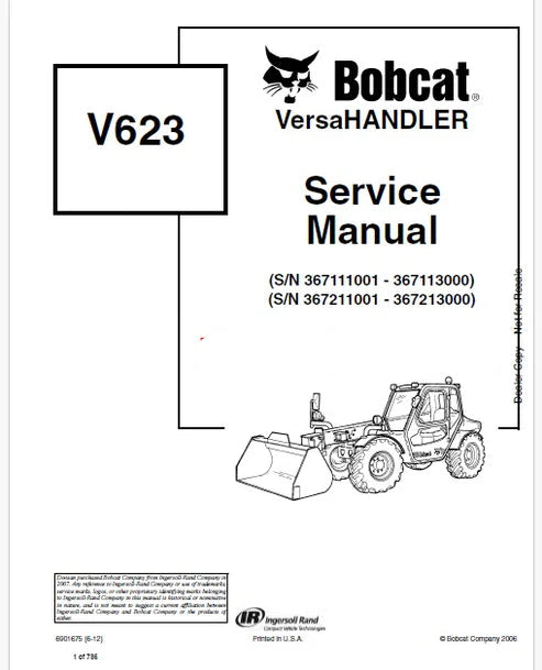 Bobcat V623 Telescopic Tool Carrier Pdf Repair and Service Manual (Pb no. 6901675)