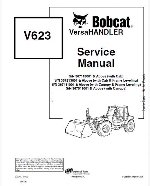 Bobcat V623 Telescopic Tool Carrier Pdf Repair and Service Manual (Pb no. 6902407)