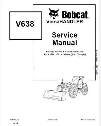 Bobcat V638 Telescopic VersaHANDLER Pdf Repair and Service Manual (Pb no. 6904755)