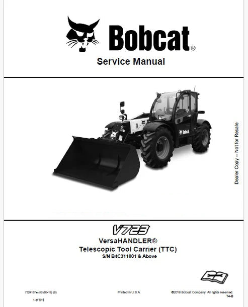 Bobcat V723 Telescopic Tool Carrier VersaHANDLER Pdf Repair and Service Manual (Pb no. 7324187enUS)