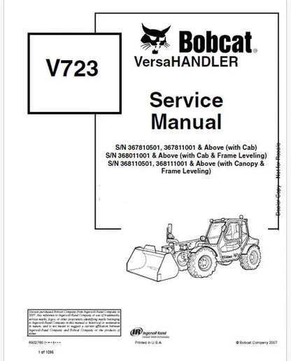 Bobcat V723 Telescopic VersaHANDLER Pdf Repair and Service Manual (Pb no. 6902760)