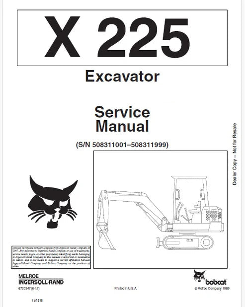 Bobcat X225 Excavator Pdf Repair and Service Manual