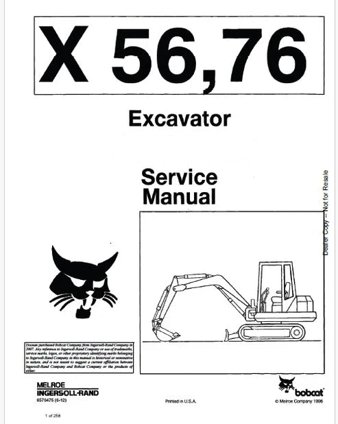 Bobcat X56, X76 Excavator Pdf Repair and Service Manual