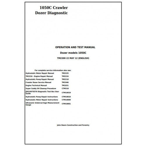 John Deere 1050C Crawler Dozer Pdf Diagnostic, Operation and Tests Service Manual TM2300
